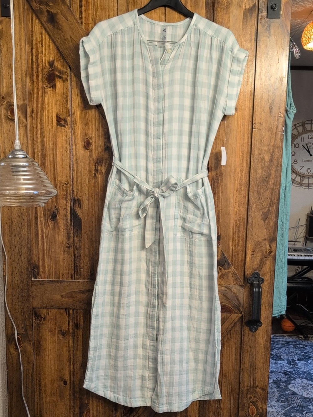 New Lou & Grey Mint Plaid Gingham Tie-Waist Midi Dress Sz. Small Cotton